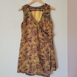 Vintage 70s Sleeveless Brown And Yellow Print Mod Mini Wrap Dress Size Medium